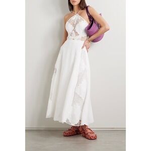 Farm Rio Dress Size L Embroidered Crochet Trimmed Linen Floral Lace Halter Maxi